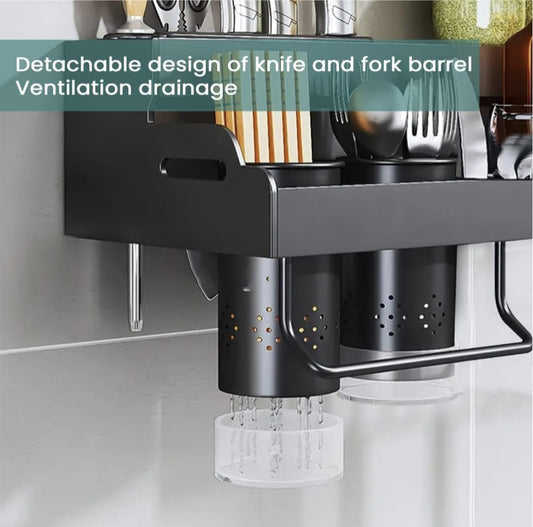 iBELL Multifunctional Wall-Mounted Kitchen Storage Organizer Rack with Spice Shelf, Utensil Hooks & Holder - (IBLDH280)