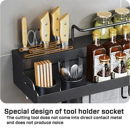iBELL Multifunctional Wall-Mounted Kitchen Storage Organizer Rack with Spice Shelf, Utensil Hooks & Holder - (IBLDH280)