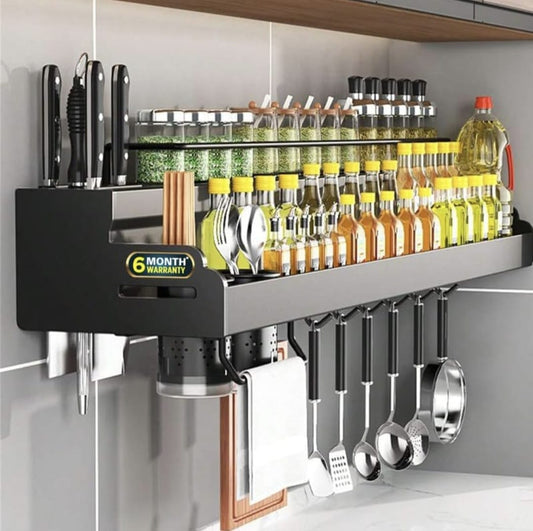 iBELL Multifunctional Wall-Mounted Kitchen Storage Organizer Rack with Spice Shelf, Utensil Hooks & Holder - (IBLDH280)